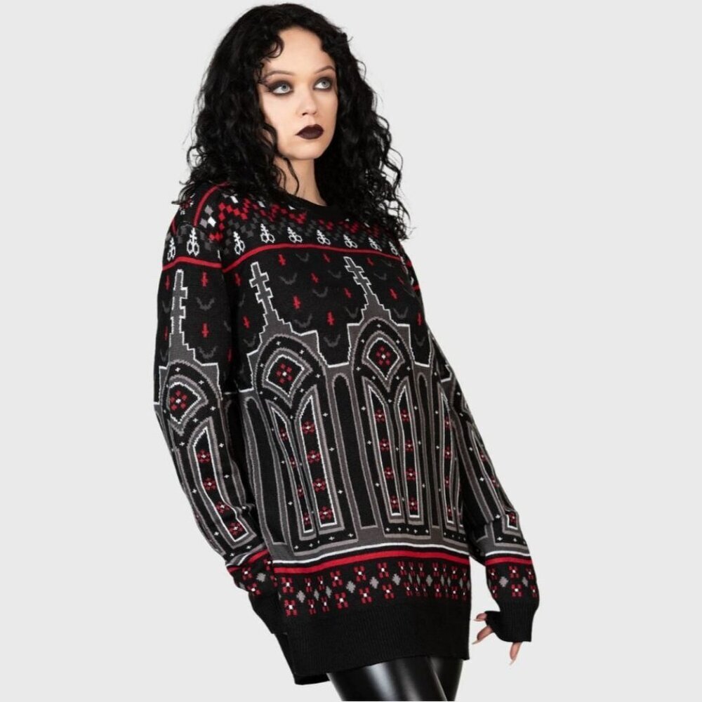 Killstar Black, Red & Gray Gothic Cathedral Knit Sweater - Picture 11 of 13